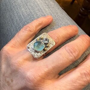 Silver (925) Ring. 
Hand Made. 
Chalcedony and Blue Topaz. 
VERY Beautiful.